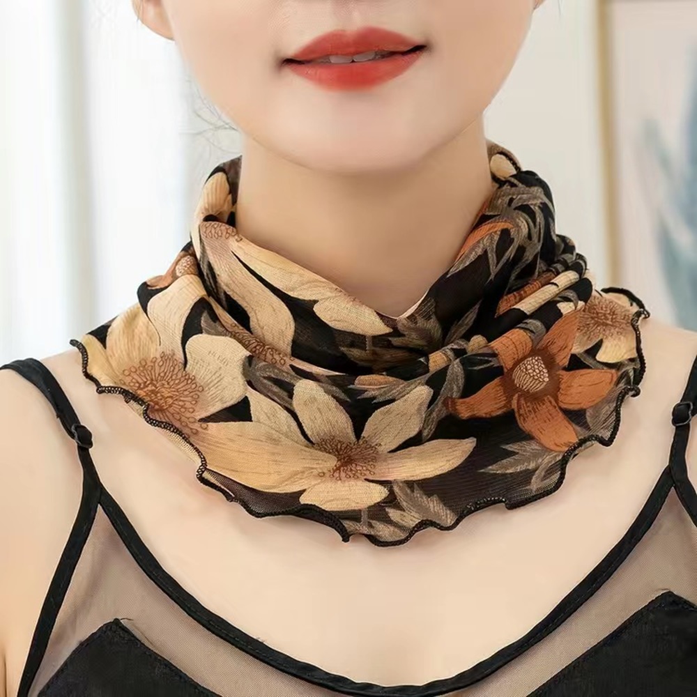 Ruffled Vintage Flower Print Gauze Weight Scarf